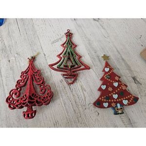 Red glitter tree ornament wooden vintage set glitter tree